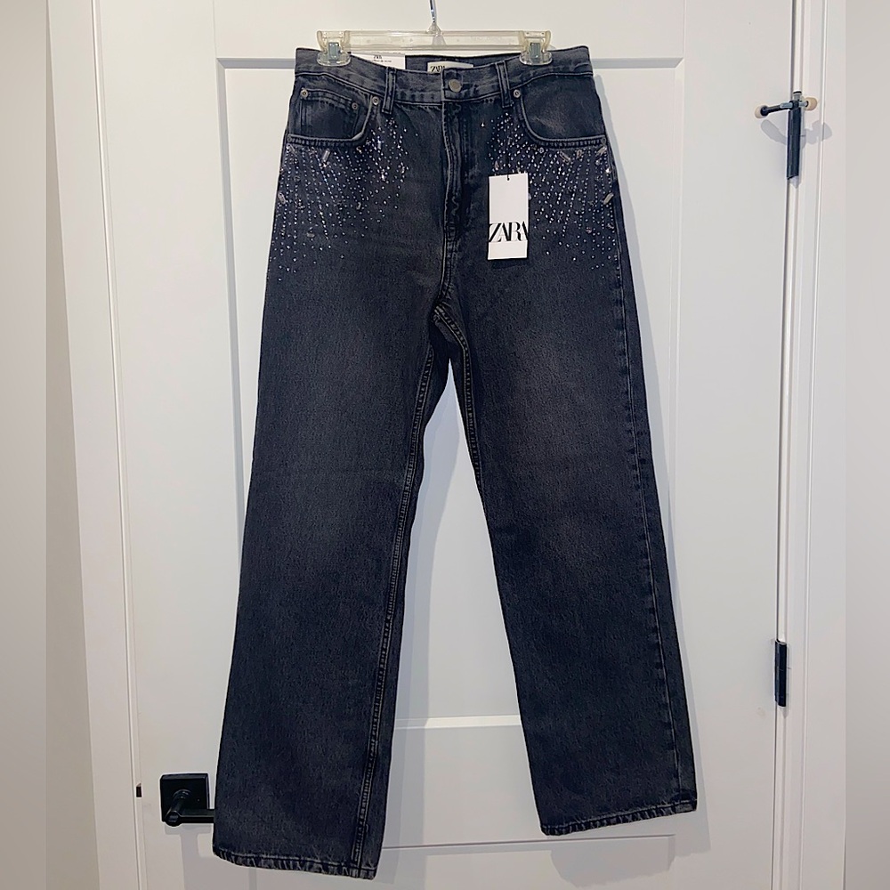 NWT Women’s Zara Black Straight Leg Jeans with Jewels Size 8